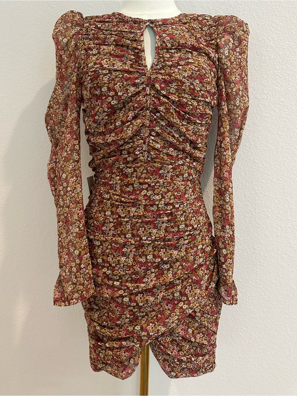 NWT Bardot Ruched Ditsy Floral Mini Dress Puff Sleeve Brown US 4